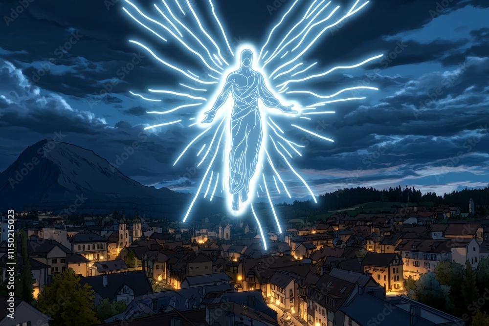Poster A pixel art depiction of a glowing god-like figure floating above a mountain, with animated rays of light beaming down on a pixelated village below