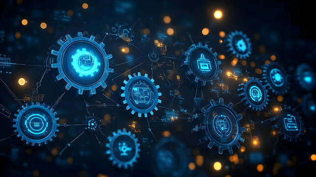 Soft abstract background with AI assisted manufacturing elements and copy space concept as A soft abstract background featuring AI assisted manufacturing elements like robotic arms digital circuits an