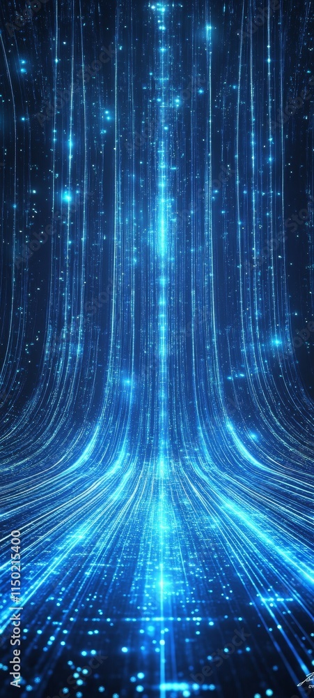 Poster digital abstraction featuring flowing blue light with sparkling elements in a futuristic setting at 