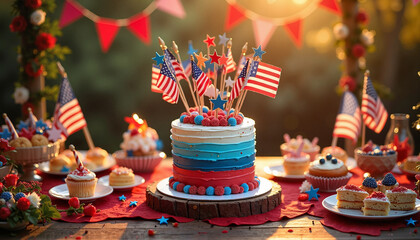 Patriotic cake with American flags surrounded by desserts celebrating independence in sunset ambiance