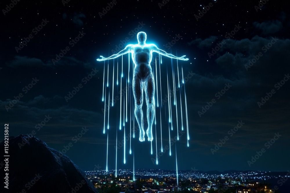 Poster A pixel art depiction of a glowing god-like figure floating above a mountain, with animated rays of light beaming down on a pixelated village below