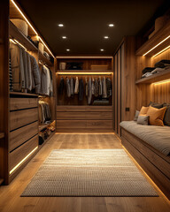 Stylish closet interior design featuring wooden shelves and warm lighting
