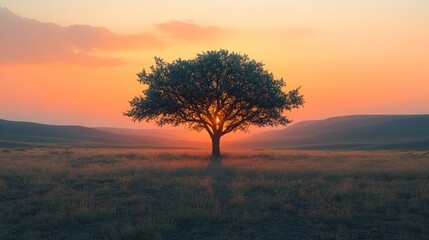 Obraz premium Solitary tree silhouetted against a vibrant sunset over a vast, grassy plain.