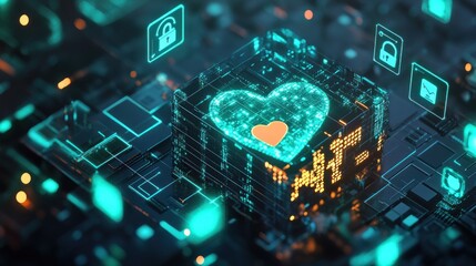 Electrical components on a green computer circuit board with a heart-shaped microchip, symbolizing the core of digital technology and communication