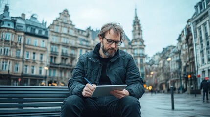 Man with glasses sitting on a bench writing on a tablet in an urban city square on a cold day