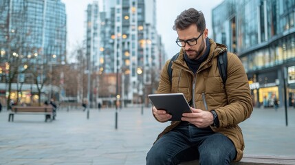 Obraz premium Young man in a jacket using a tablet while sitting in a modern city plaza surrounded by skyscrapers