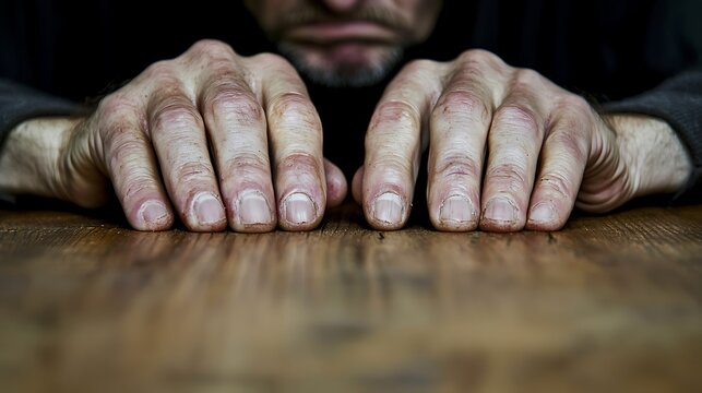 A man's hands are crossed on a wooden table