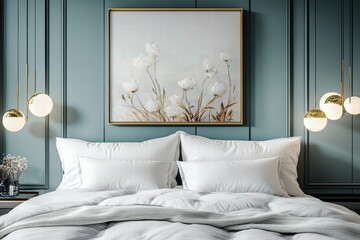 Serene Bedroom Interior with White Bedding and Floral Artwork