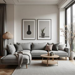 Grey corner sofa in scandinavian home interior design of modern living room.