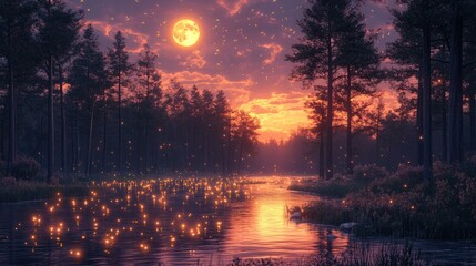 Magical sunset over a forest river with fireflies.