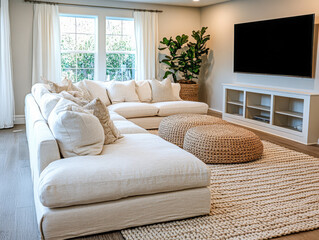 Fototapeta premium Cozy living room with soft furnishings and a large TV in a modern home setting