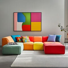Colorful Modular Sofa Arrangement in a Modern Living Room With Abstract Artwork and Natural Light