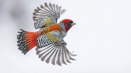Colorful bird in flight against a snowy background showcasing vibrant plumage.