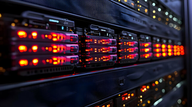 Bokeh Digital Art of Secure Server Racks with Glowing Lights and Copy Space