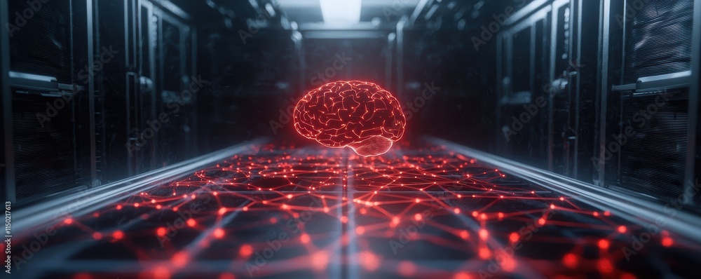 Poster abstract ai brain render with glowing synaptic connections in a digital environment