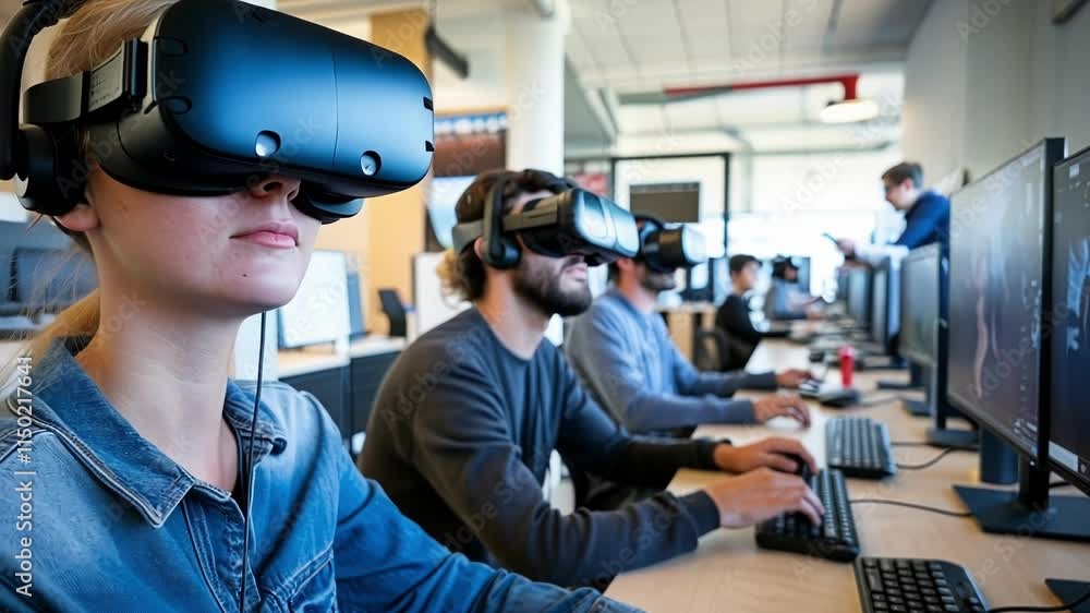 Poster Software developers and engineers are testing virtual reality software in a modern office, wearing vr headsets and working on desktop computers