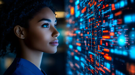 Tech Savvy Healthcare IT Manager Overseeing Cloud Security on Digital Dashboard with Glossy Background and Copy Space