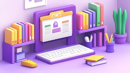 Colorful  D Render of Modern Workspace with Computer  Books  and Plant