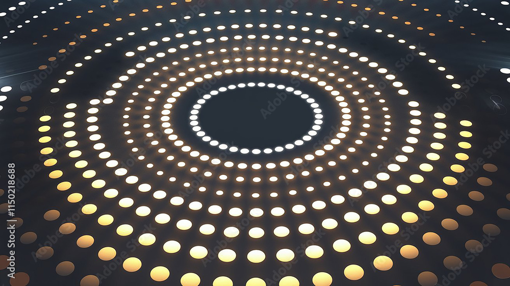 Poster concentric circles of glowing monochrome dots with dynamic brightness – sleek high-tech digital desi