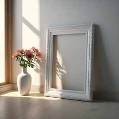 3D mockup white frame with flower vase and green leaves