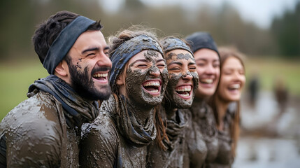 Laughing Friends Covered in Mud After Obstacle Course with Copy Space for Branding