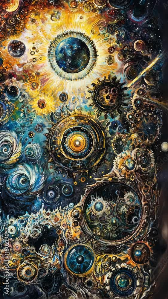 Poster vivid cosmic gears and swirls create a mesmerizing blend of colors in an imaginative representation 