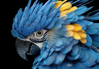 Obraz premium Close-up view of a vibrant blue and yellow parrot perched peacefully in natural light
