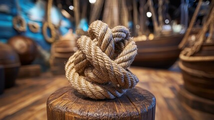 Close-Up of Nautical Rope Knot on Wooden Post in Maritime Museum with Ships in Background