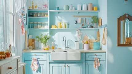 Sunny blue kitchen with farmhouse sink, open shelving, and pastel accents.