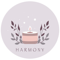 Lit Candle with flame. Purple and gray Leaves. Circular light gray background. Text 