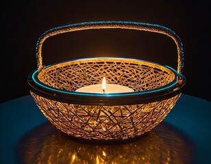 A beautifully woven basket with a glowing candle inside, creating a warm and inviting ambiance.