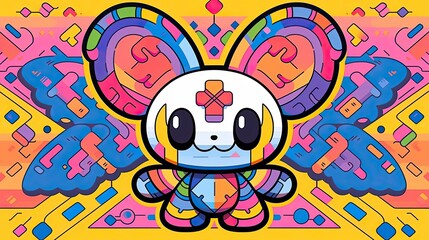 Fototapeta premium Vibrant Colorful Cartoon Bunny Illustration with Abstract Geometric Background