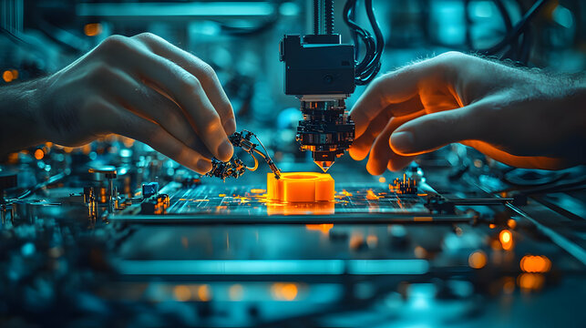 Macro shot of hands collaborating on 3D printing projects copy space on left concept as A macro shot of hands collaborating on 3D printing projects emphasizing tactile digital collaboration and creati