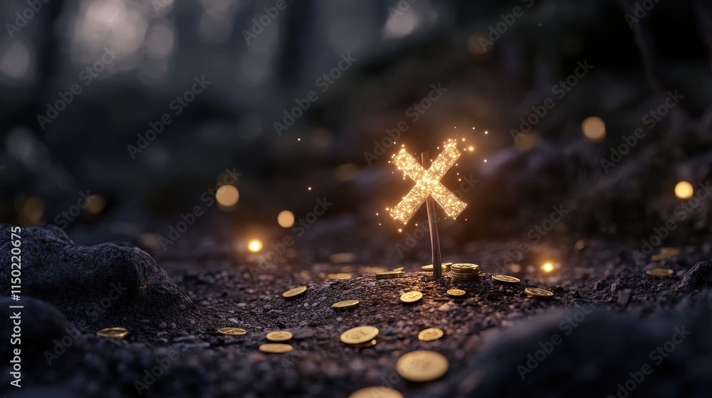 Poster a sparkling cross stands amidst scattered coins on a dark forest floor, creating a mystical and trea
