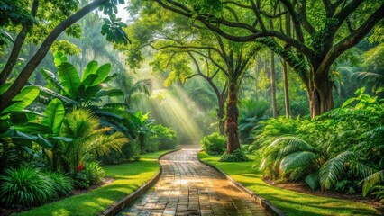 Serene Garden Path with Sunbeams Filtering Through Lush Tropical Foliage
