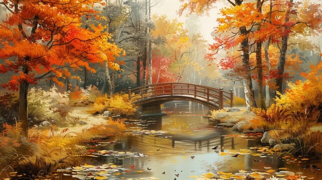 A painting of a bridge over a river with autumn leaves