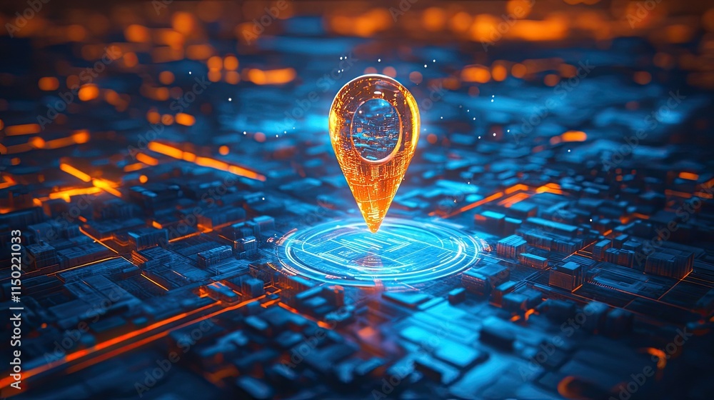 Poster futuristic city navigation concept: a translucent map pin displaying a holographic city map with vib