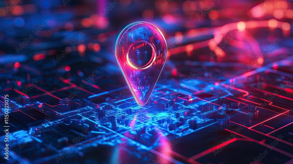 Poster futuristic city navigation concept: a translucent map pin displaying a holographic city map with vib
