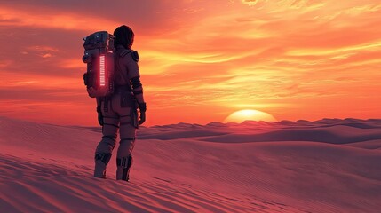 Futuristic desert nomad with sleek gear and glowing details, standing amidst vast dunes during a radiant sunset.