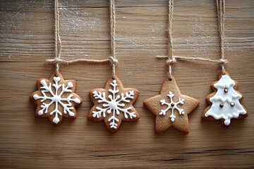 Fototapeta premium Christmas Gingerbread Cookies Hanging on Rustic Wood
