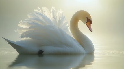 Fototapeta premium Elegant swan gliding on calm water in soft morning light.