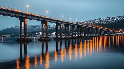 Illuminated Bridge Reflecting in Calm Water at Dusk