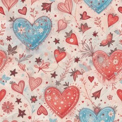 Cute colorful  heart-shaped pattern seamless with flowers and heart shaped in various size in soft background 