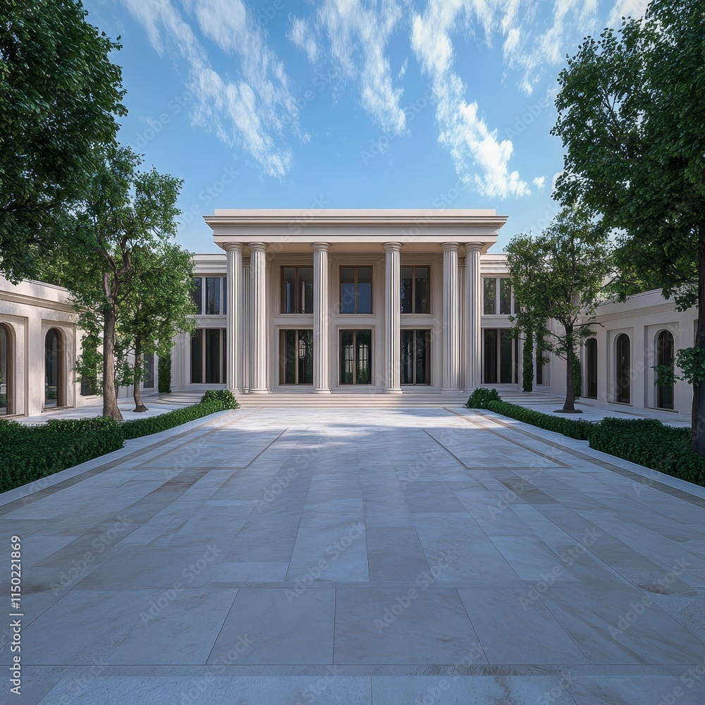 Poster elegant architectural design of a modern building with large columns surrounded by greenery and a cl
