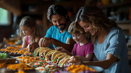 Candid Family Making Tacos for Dinner concept as A candid shot of a family making tacos together in the kitchen. The parents and children add toppings to tortillas while laughing and talking creating 