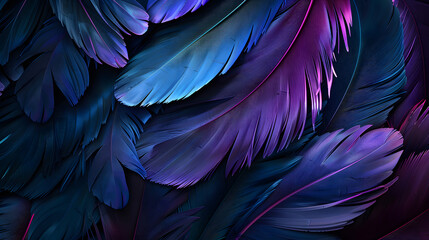 Dynamic 3D wallpaper showcasing purple and blue feathers on a dark background, offering an elegant, dramatic visual with rich colors and intricate feather details