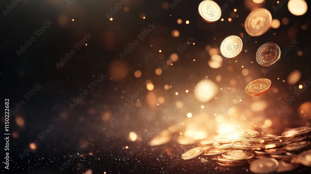 Poster a captivating scene of shimmering coins falling against a dark background, creating a magical and dy