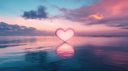 Heart shape glowing softly on tranquil water, with a dreamy backdrop of a romantic pink and blue horizon.