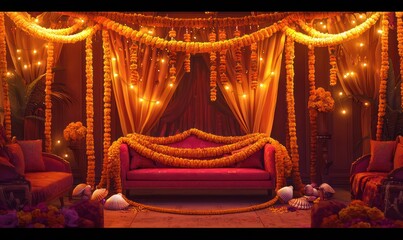 A vibrant Indian wedding ring ceremony setup with a sofa draped in marigold garlands, adorned