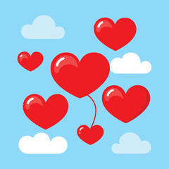 A vector illustration of a Floating Airborne Red Hearts Love Symbols in the Sky for Romantic Celebrations